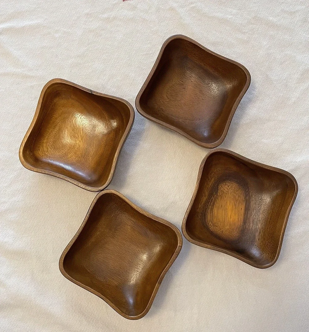 Wooden Bowls Square Rounded Corners marked Made in Philippines Set of 4